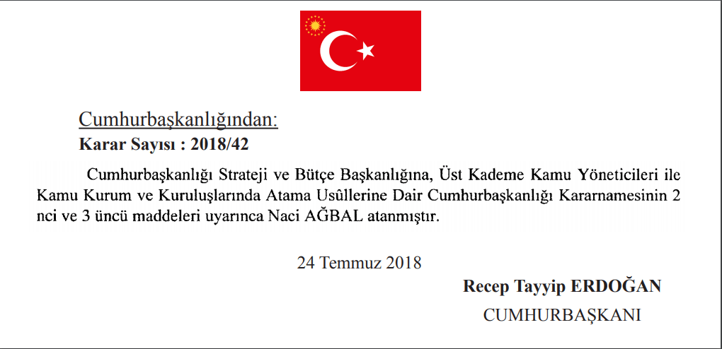 Naci AĞBAL Cumhurbaşkanlığı Strateji ve Bütçe Başkanı atama Cumhurbaşkanlığı kararnamesi.PNG