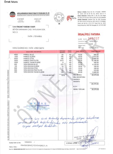 gıda bankacılığı bağış faturası örneği