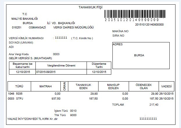 tahakkuk fişi örneği vergidosyasi