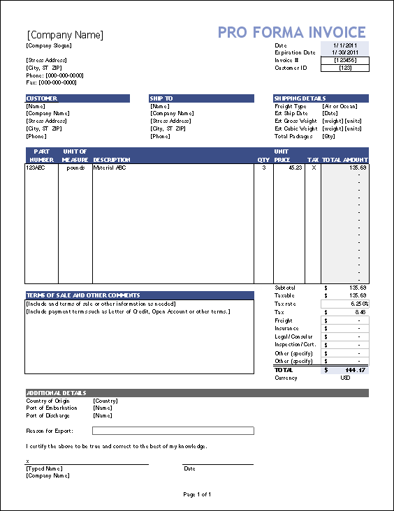 proforma fatura invoice template örneği ingilizce