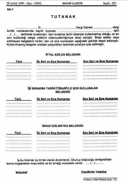 basit usul mükelleflerin kullanılmamış belgelerinin odada iptal tutanak örneği