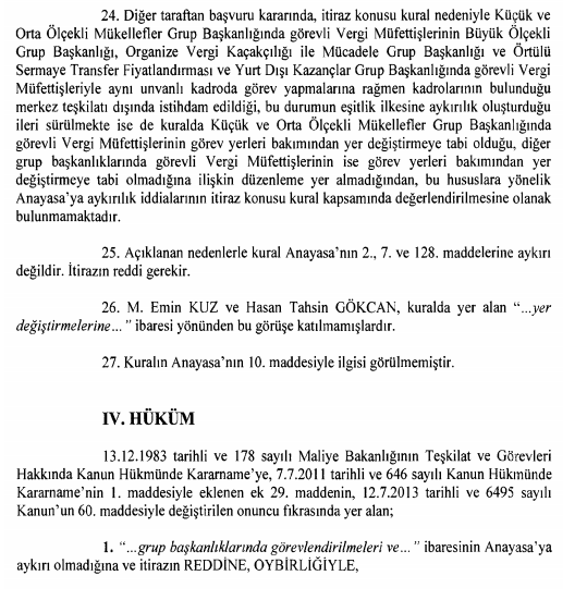 vergi müfettişlerinin yer değişitme ve gruplarda görevlendirmesi anayasa mahkemesi kararı sonuç kısmı