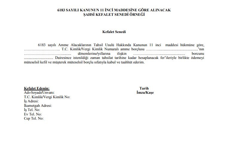 6183 sayılı kanunun 11 inci maddesine göre alınacak şahsi kefalet senedi örneği