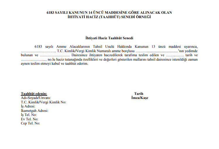 6183 sayılı kanunun 14 üncü maddesine göre alınacak taahhüt kefalet senedi örneği