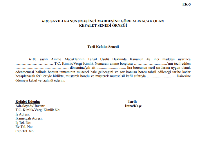 6183 sayılı kanunun 48 inci maddesine göre kefalet senedi örneği