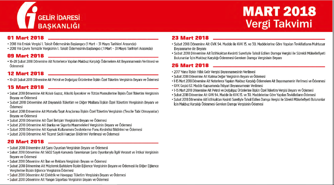 mart 2018 vergi takvimi bildirim beyanlar