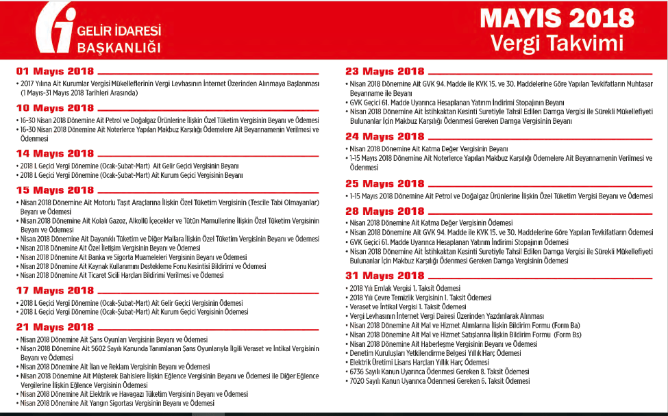 mayıs 2018 vergi takvimi bilidirim ve beyan zamanları