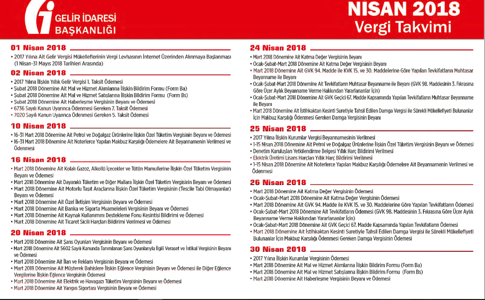 Nisan 2018 vergi takvimi bildirim ve beyan zamanları