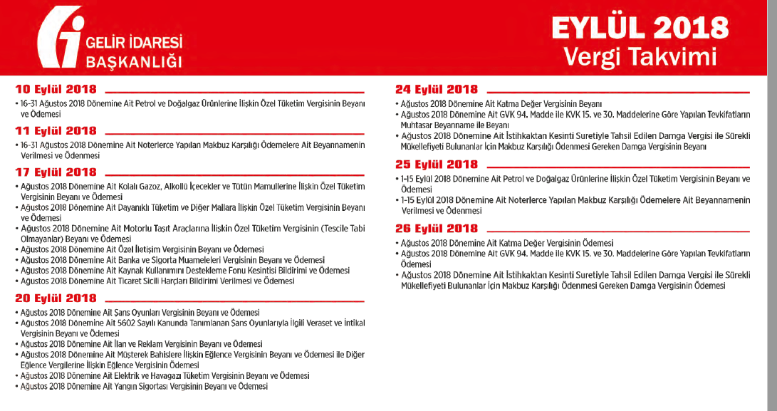 Eylül 2018 vergi takvimi