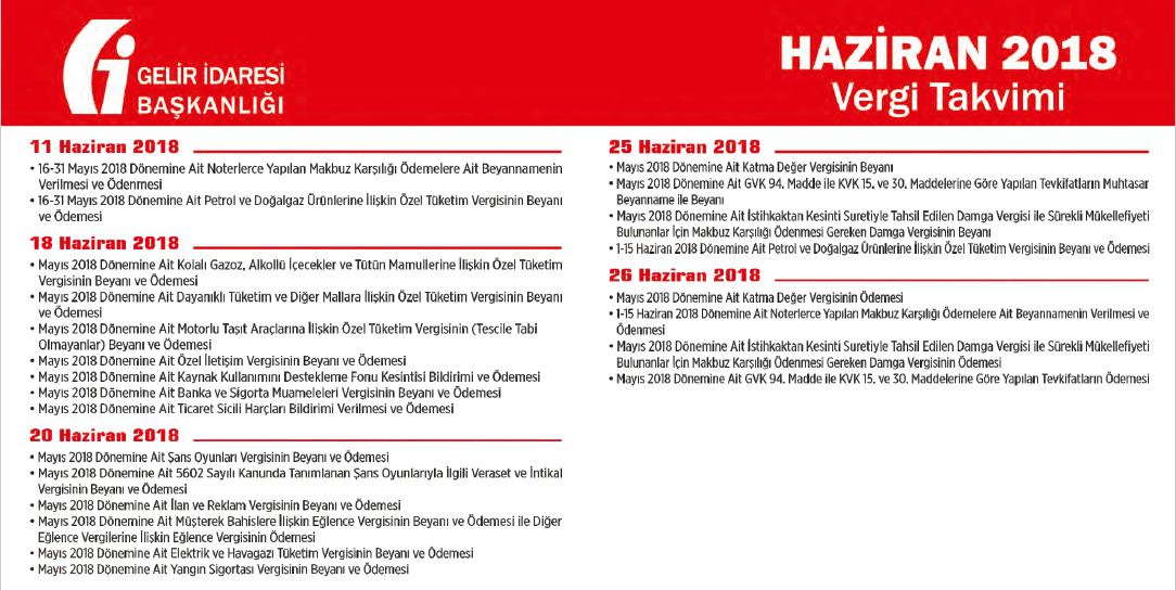 Haziran Ayı 2018 Yılı Vergi Takvimi gib