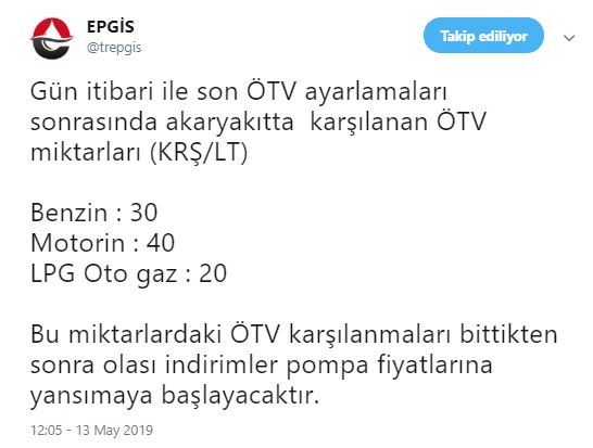 13 mayıs itibariyle eşel mobil sistemi ile ötv den karşılanan akaryakıt zamları