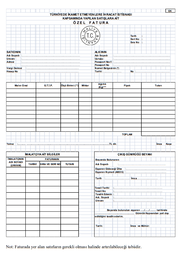 bavul ticareti Türkiyede ikamet etmeyenlere ihracat istisnası kapsamında yapılan satışlara ait özel fatura örneği.PNG
