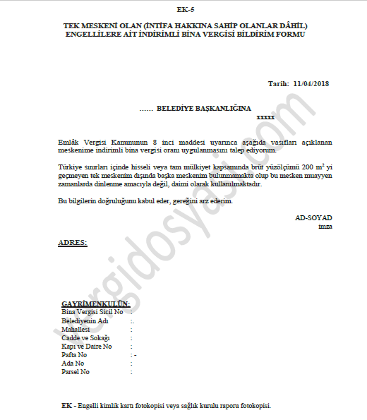 tek meskeni olan engelliler için sıfır oranlı indirimli emlak vergisi talep dilekçesi örneği.PNG