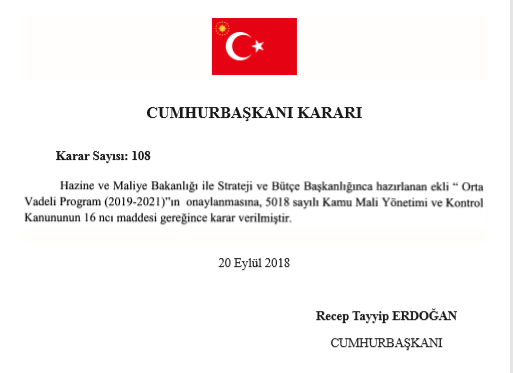 orta vadeli program 2019 201 cumhurbaşkanı kararı onayı 20 eylül 2018