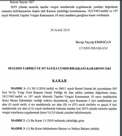 2019 yılı mtv motorlu taşıtlar artış yeniden değerleme oranı cumhurbaşkanı kararı.PNG