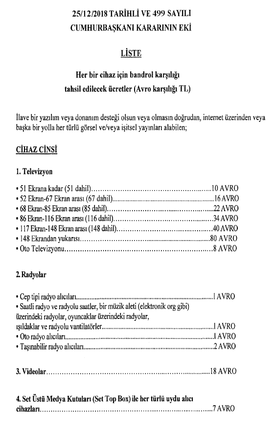 2019 yılında alınacak TRT bandrol ilave ücret 1