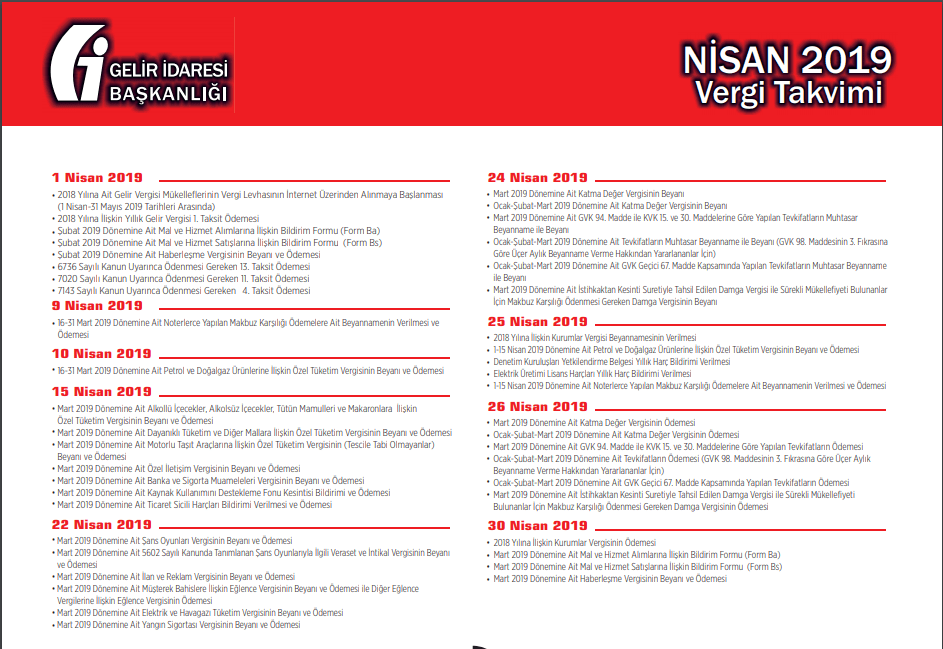 2019 yılı nisan ayı vergi takvimi