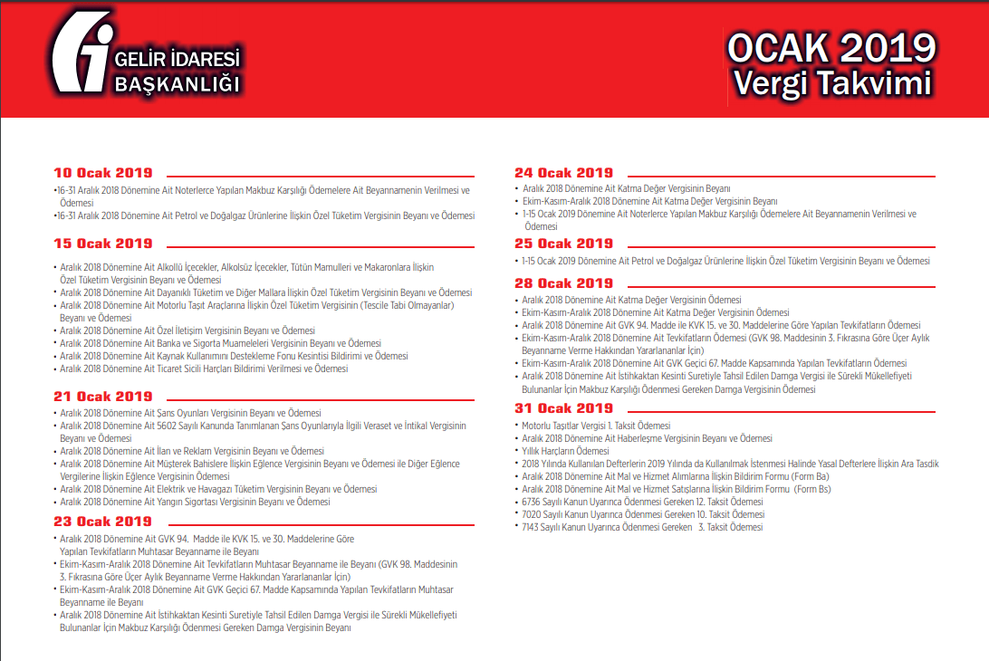 2019 yılı ocak ayı vergi takvimi