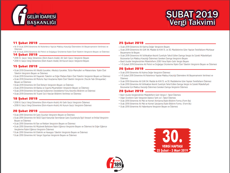 2019 yılı Şubat ayı vergi takvimi