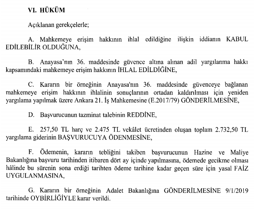 khk ile verilen yetki ile iş akdi feshedilen kişinin aym bireysel başvuru işe iade davası mahkemeye erişim hakkı hüküm kısmı.PNG