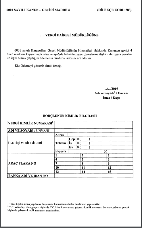 köprü cezaları iade talep dilekçe örneği