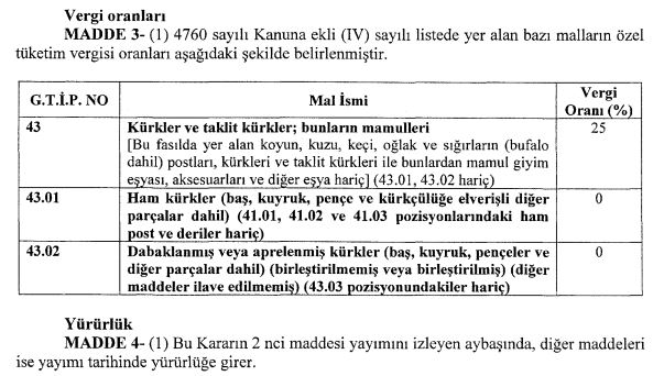 kürkler üzerindeki yeni ötv oranları cumhurbaşkanı kararı