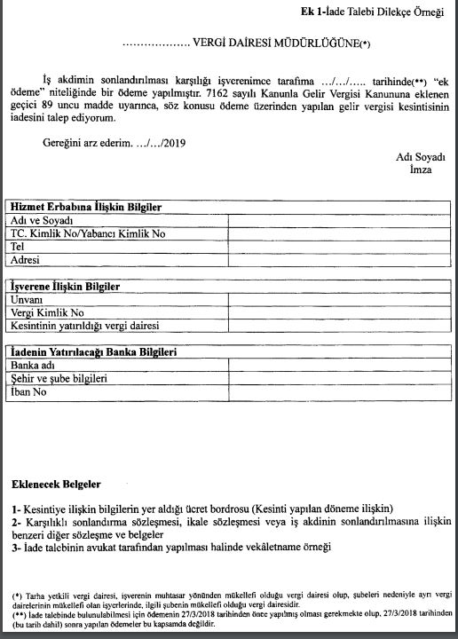 Karşılıklı Sonlandırma Sözleşmesi veya İkale Sözleşmesi Kapsamında Ödenen Ek Tazminatlar Üzerinden Kesilen Gelir Vergisinin İadesi talep dilekçesi örneği.JPG