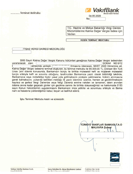 Kesin Teminat Mektubu örneği vergi iadesi için vergi dairesine verilmek üzere