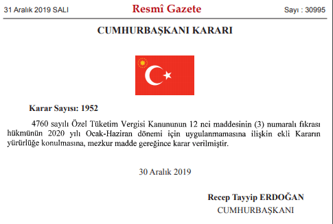 2020 yılı alkol ve sigarada ötv artışı yapılmamasına ilişkin karar