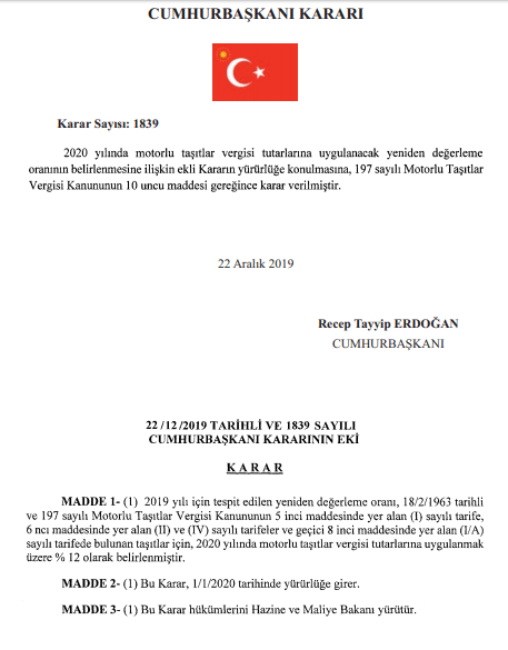 Cumhurbaşkanı kararı karar sayısı 1839 22.12.2019 motorlu taşıtlar vergisi tutarlarında artış oranının olarak uygulanması hk.