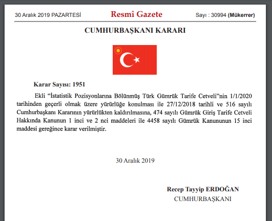 gümrük tarife cetveli 2020