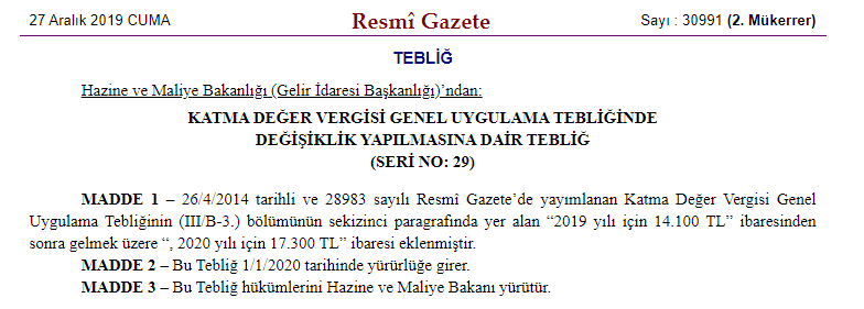 indirimli orana tabi işlemlerde sınır 2020 yılı tebliğ