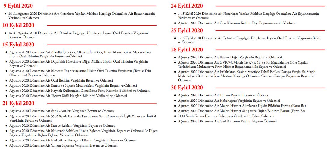 2020 yılı Eylül Ayı Vergi Takvimi Bildirim Beyan ve Ödeme Tarihleri