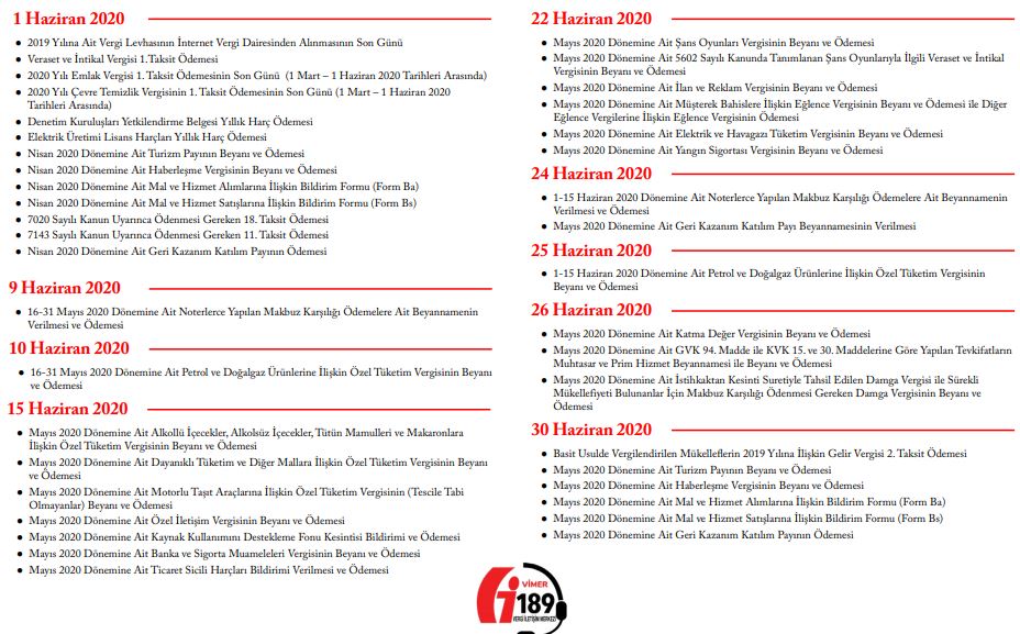 2020 yılı Haziran Ayı Vergi Takvimi Bildirim Beyan ve Ödeme Tarihleri