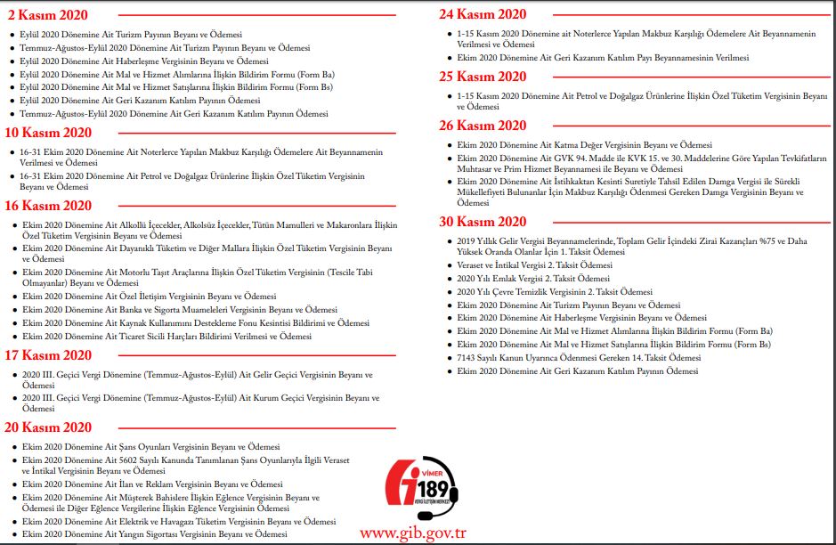 2020 yılı Kasım Ayı Vergi Takvimi Bildirim Beyan ve Ödeme Tarihleri