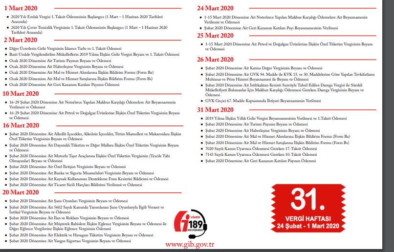 2020 yılı Mart Ayı Vergi Takvimi Bildirim Beyan ve Ödeme Tarihleri