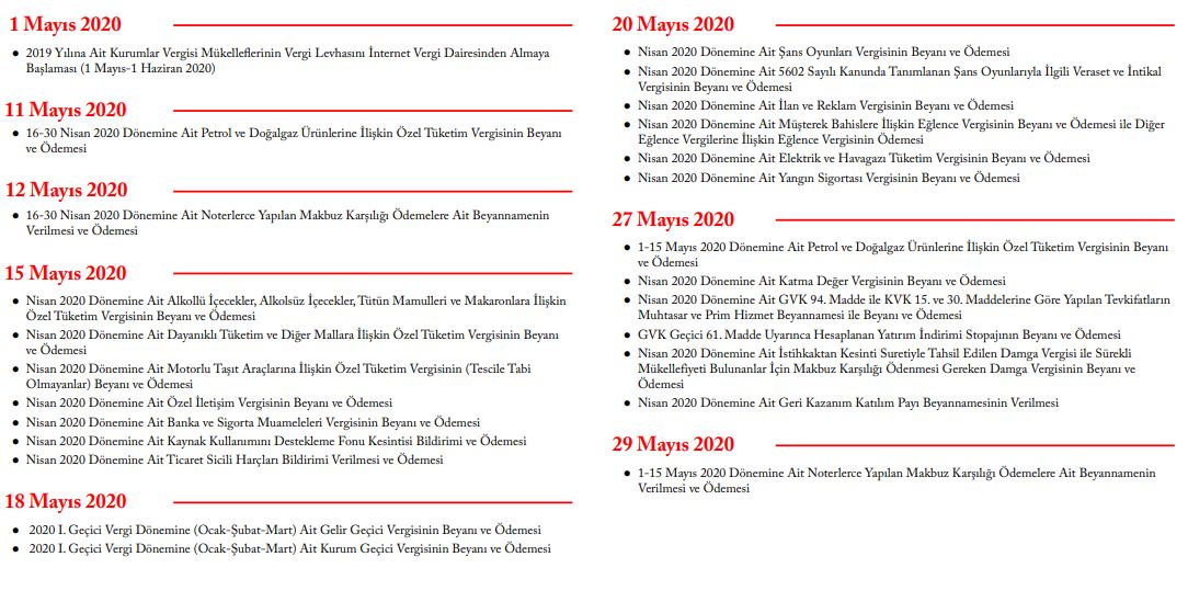 2020 yılı Mayıs Ayı Vergi Takvimi Bildirim Beyan ve Ödeme Tarihleri