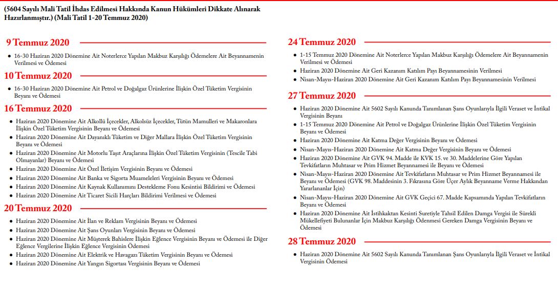 2020 yılı Temmuz Ayı Vergi Takvimi Bildirim Beyan ve Ödeme Tarihleri