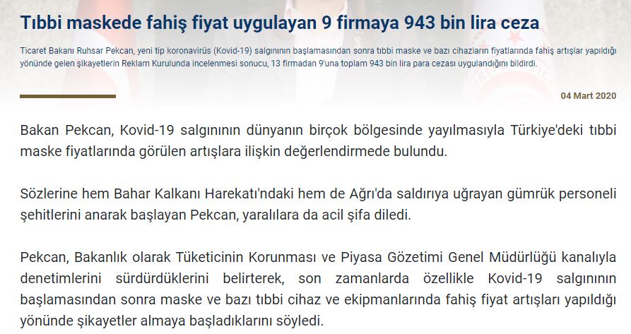 fahiş fiyat artışları ruhsat pekcan ceza kesilmesi koronavirüs