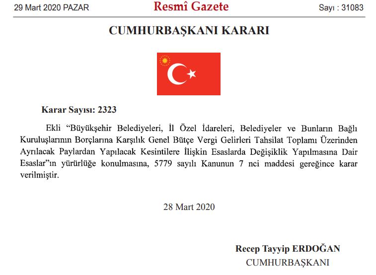 belediye paylarından kesinti 28 mart 2020 cb kararı 1