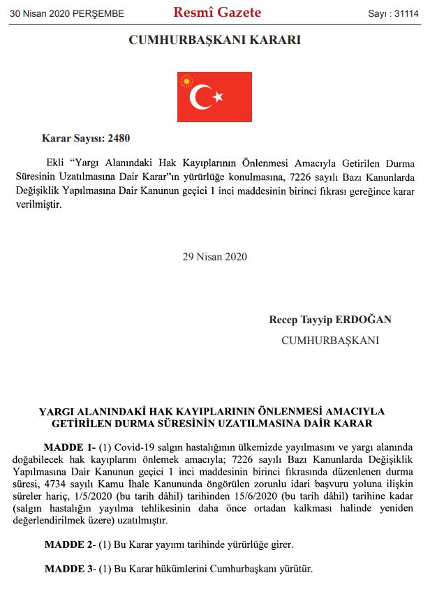 yargı alanındaki hak kayıplarının önlenmesi macıyla durma süresinin uzatılmasına dair karar cb kararı