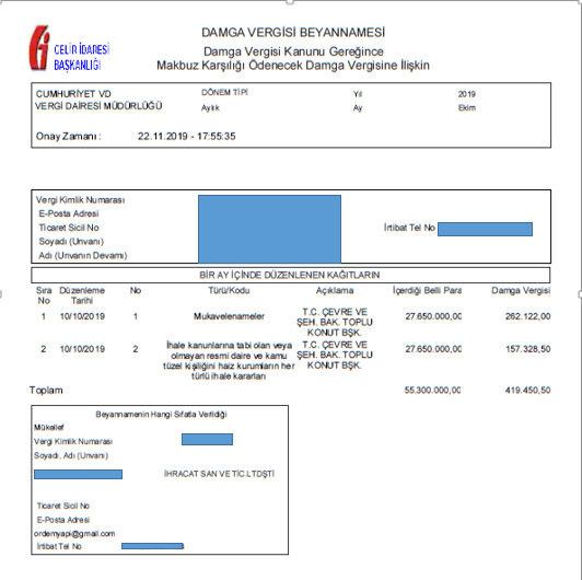 damga vergi Beyannamesi örneği makbuz karşılığı ödenen damga vergisine ilişkin vergidosyasi