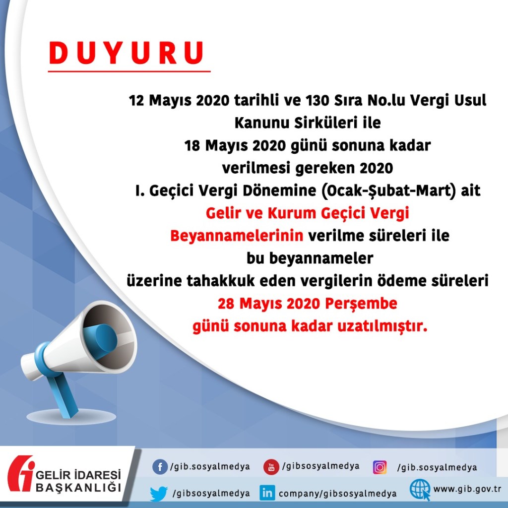 2020 I. Dönem Geçici Vergi Beyannamelerinin Verilme Süreleri&nbsp;Uzatıldı.