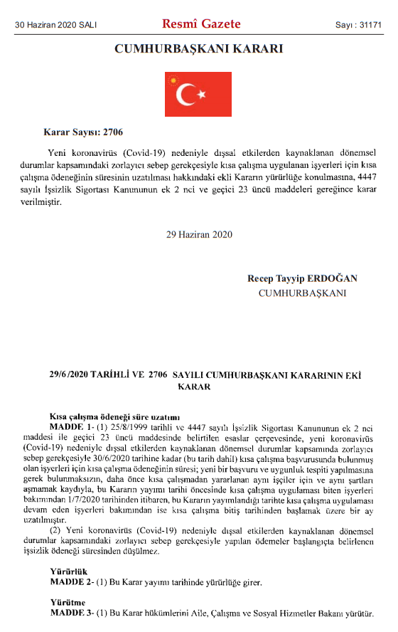 cumhurbaşkanı kararı kısa çalışma ödeneği ileilgili 2706 sayılı
