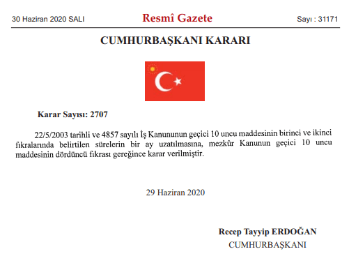 cumhurbaşkanıkararı 29 haziran 2020 2707 sayılı