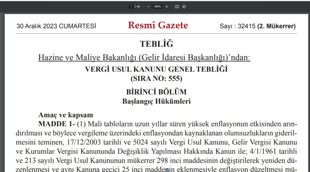 ENFLASYON DÜZELTMESİNE İLİŞKİN VUK GENEL TEBLİĞİ&nbsp;YAYIMLANDI