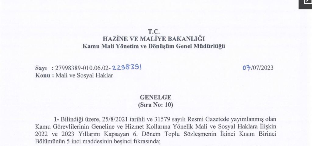 2023 YILI TEMMUZ-ARALIK DÖNEMİNE İLİŞKİN MALİ VE SOSYAL HAKLAR&nbsp;GENELGESİ